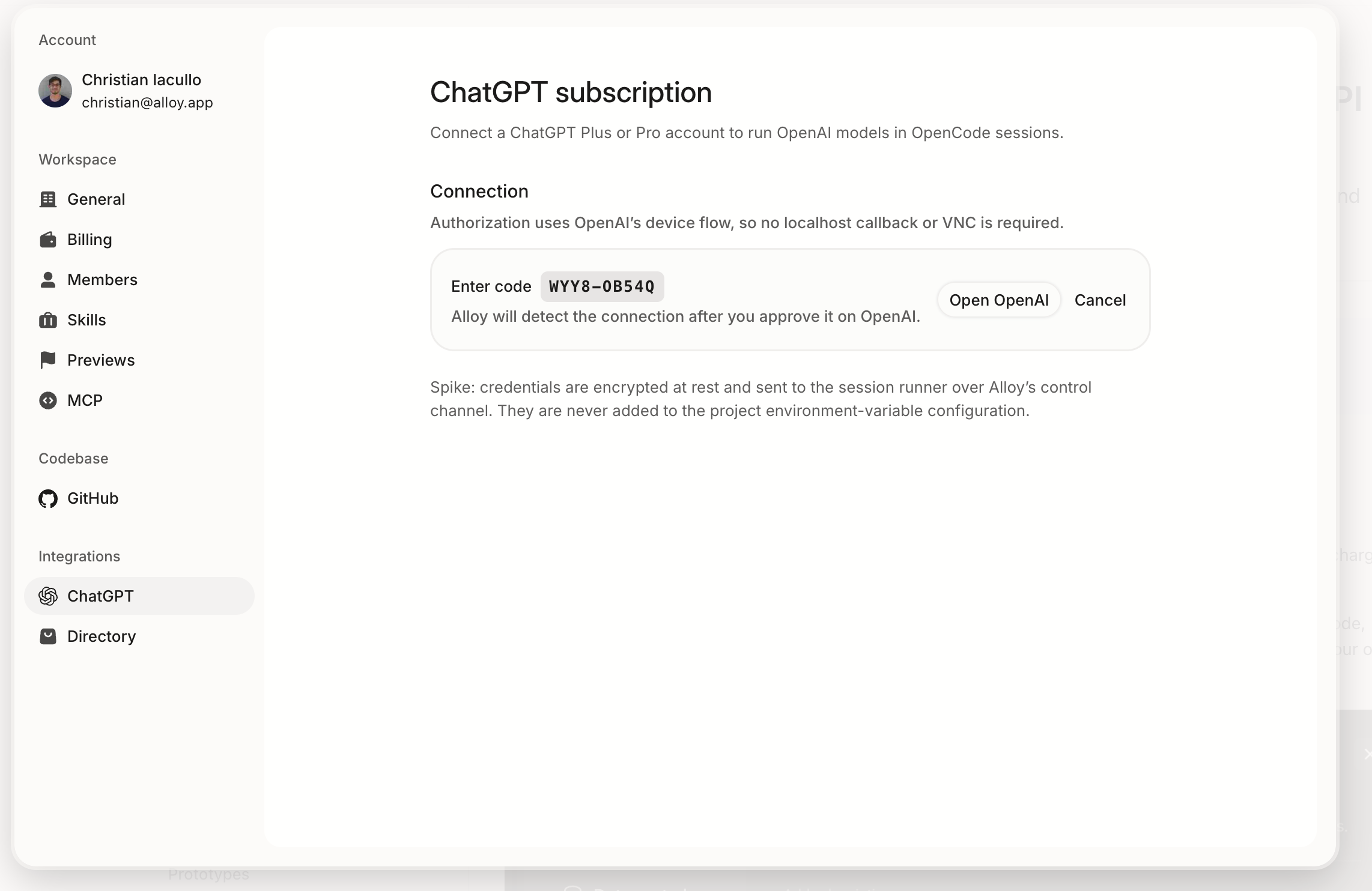 Alloy ChatGPT subscription settings showing a pending device authorization code