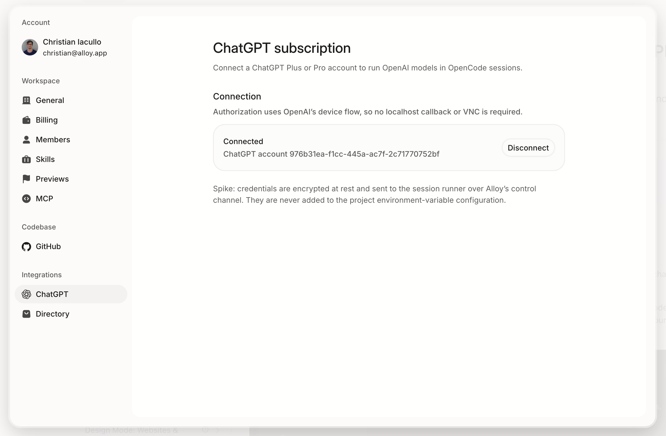 Alloy ChatGPT subscription settings showing a connected account