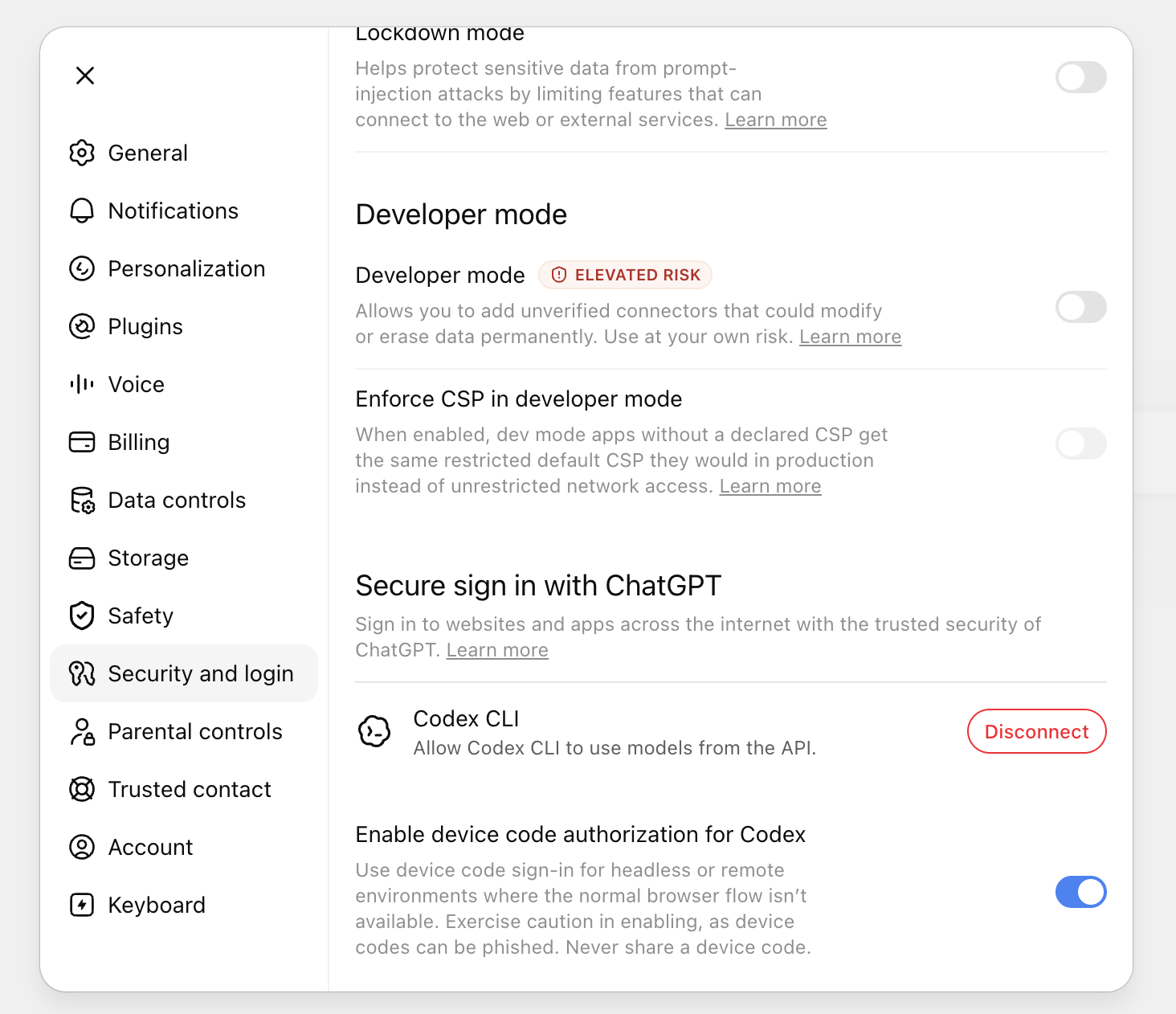 ChatGPT Security and login settings with device code authorization for Codex enabled