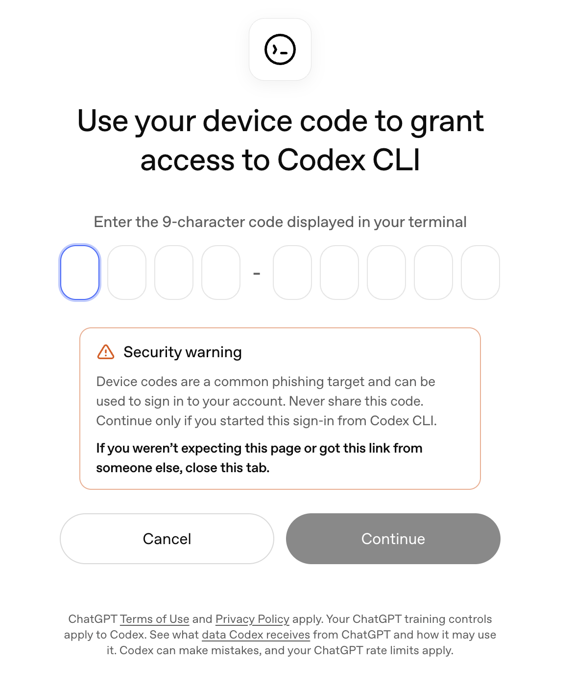 OpenAI device authorization page for entering the one-time Codex code