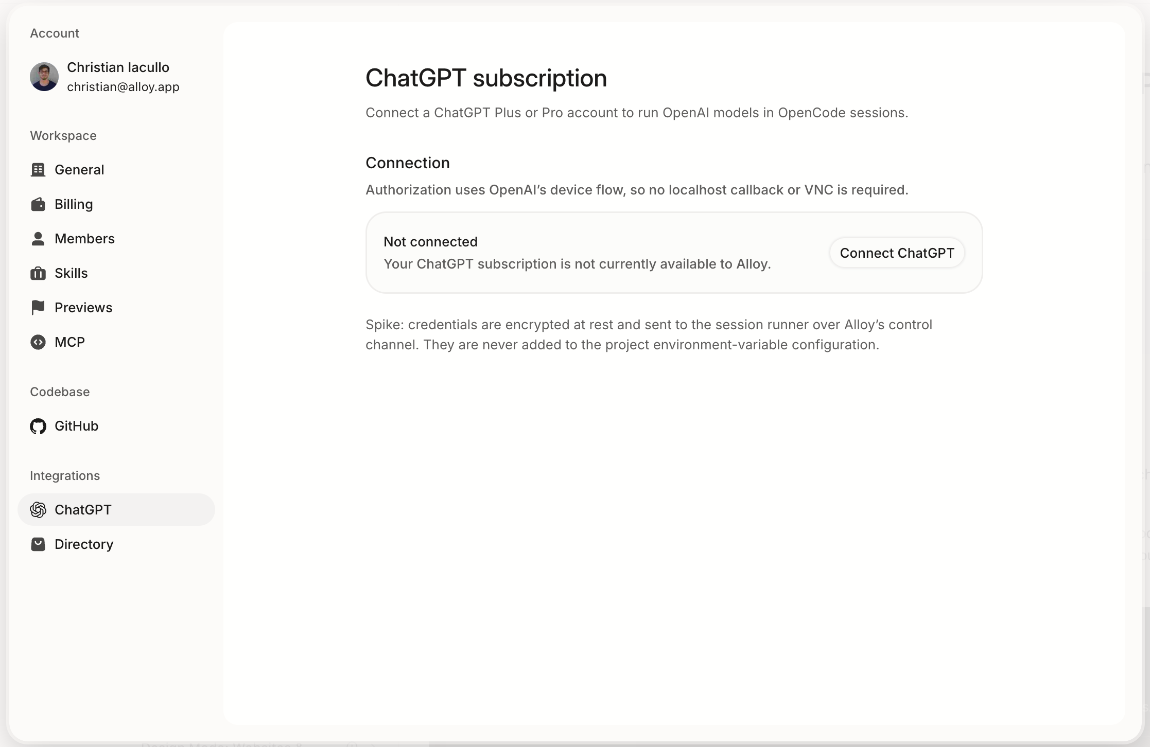 Alloy ChatGPT subscription settings before an account is connected
