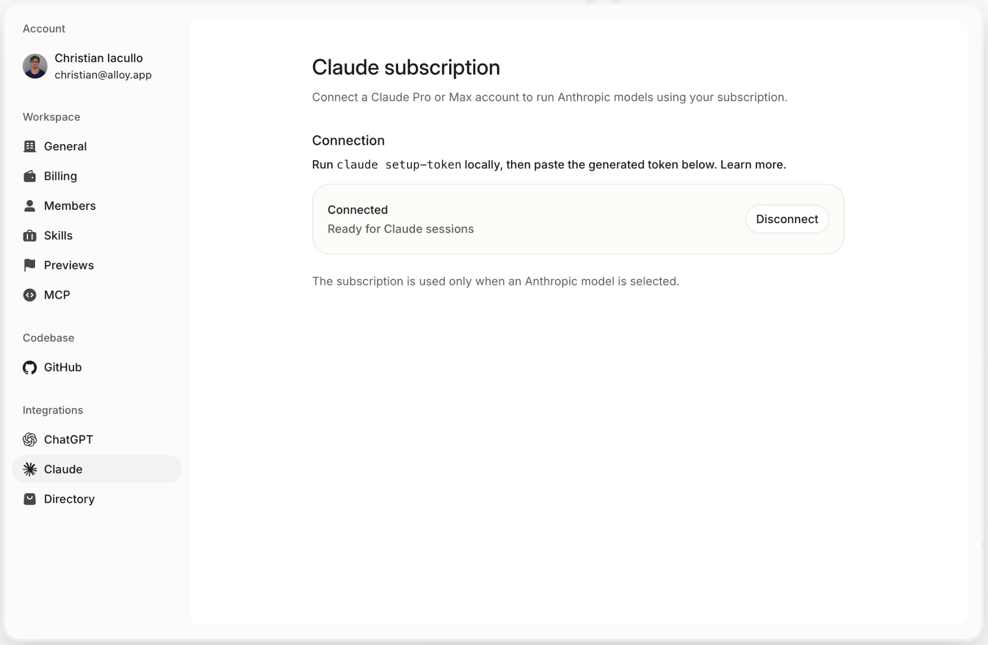 Alloy Claude subscription settings showing a connected subscription