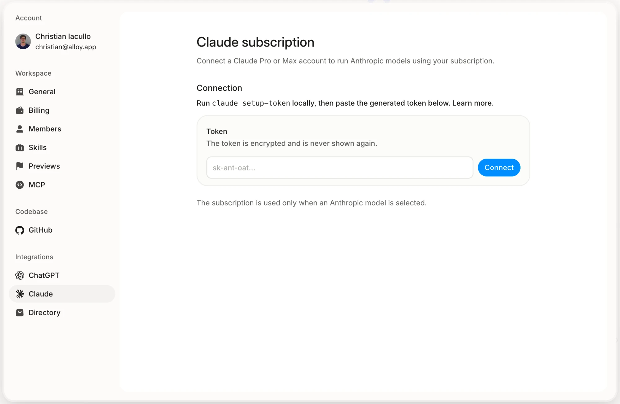 Alloy Claude subscription settings before a subscription is connected