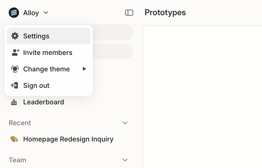 Opening the settings dropdown in Alloy