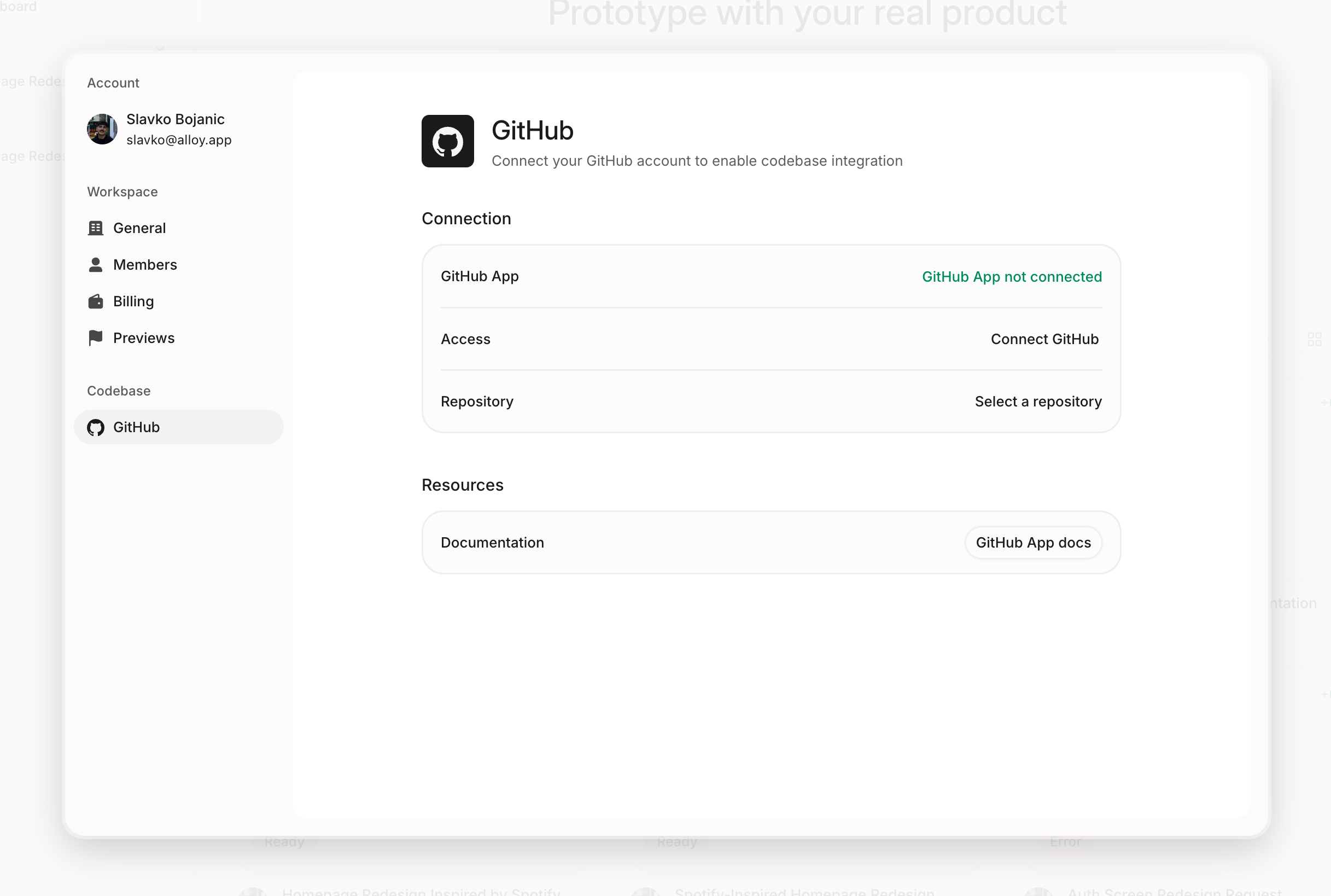 Workspace GitHub settings pane