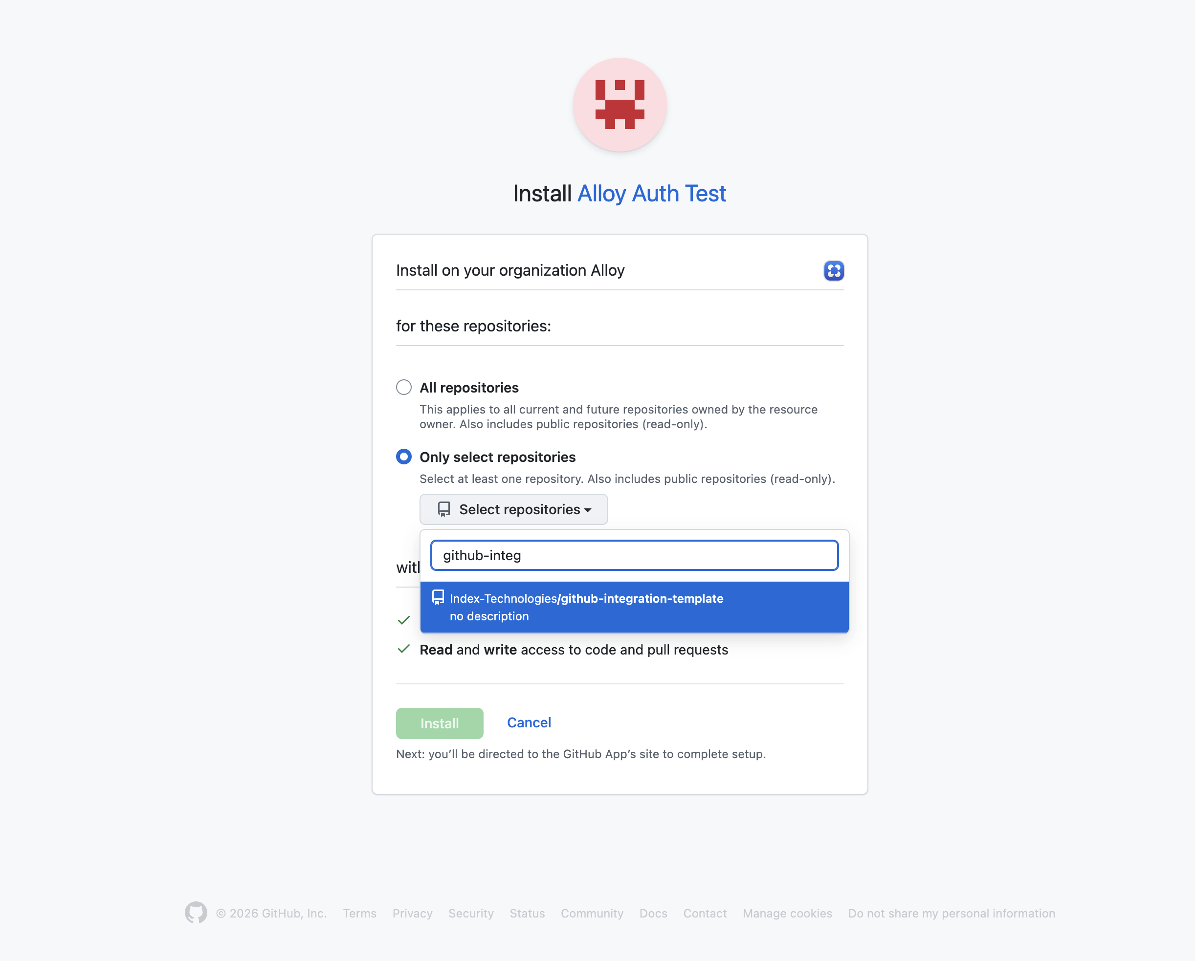 GitHub repository selection screen