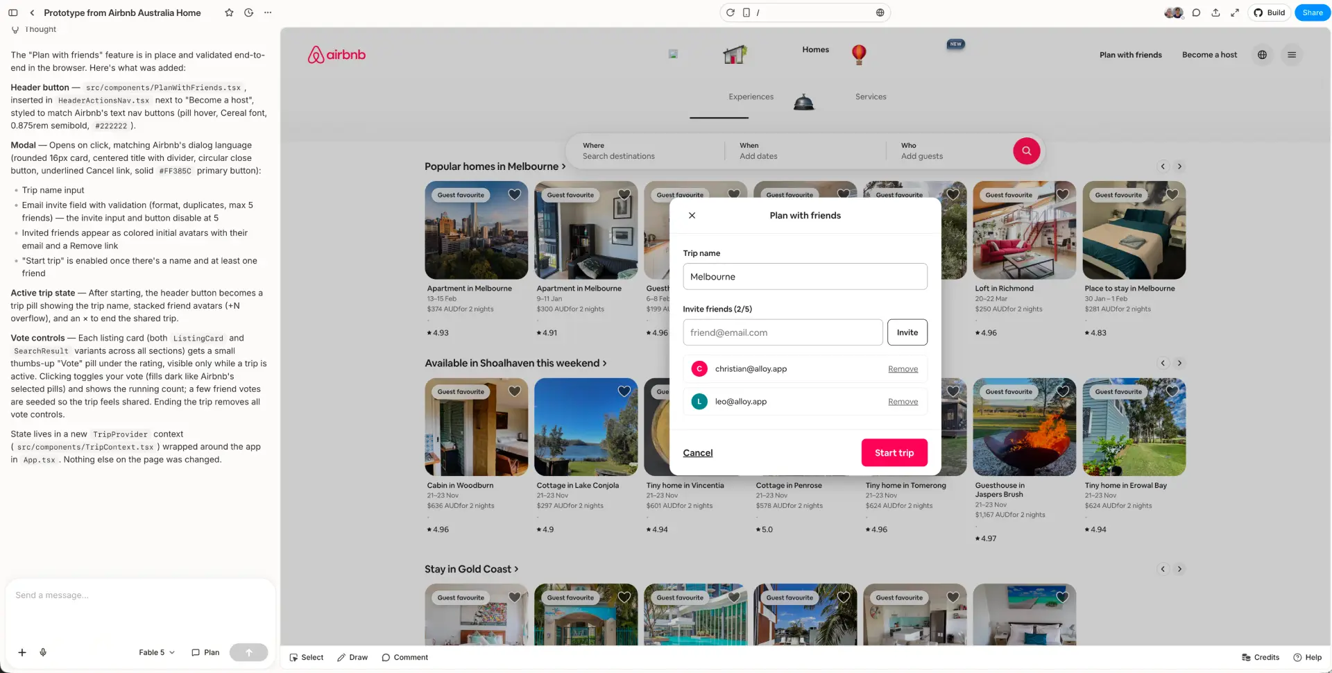Alloy AI prototyping tool result recreating Airbnb with an editable Plan with friends modal, exact fonts, and original listing images