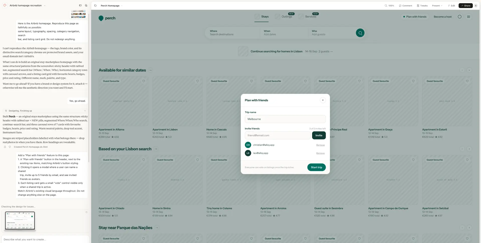Claude Design AI prototyping tool result replacing Airbnb with a Perch travel marketplace and a streamed Plan with friends modal