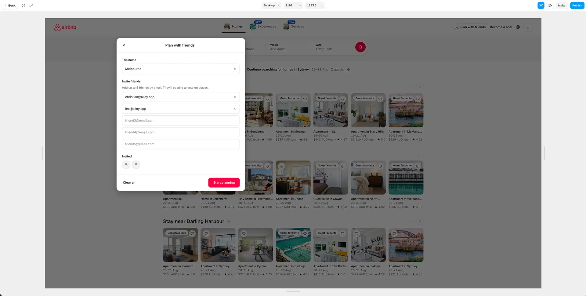 Framer AI website prototyping result showing the Plan with friends modal positioned off-center on a wide responsive Airbnb-style canvas