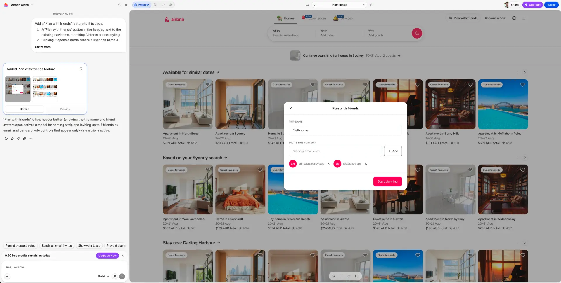 Lovable AI prototyping tool result showing an Airbnb-style marketplace with a generated logo, AI listing images, and Plan with friends modal