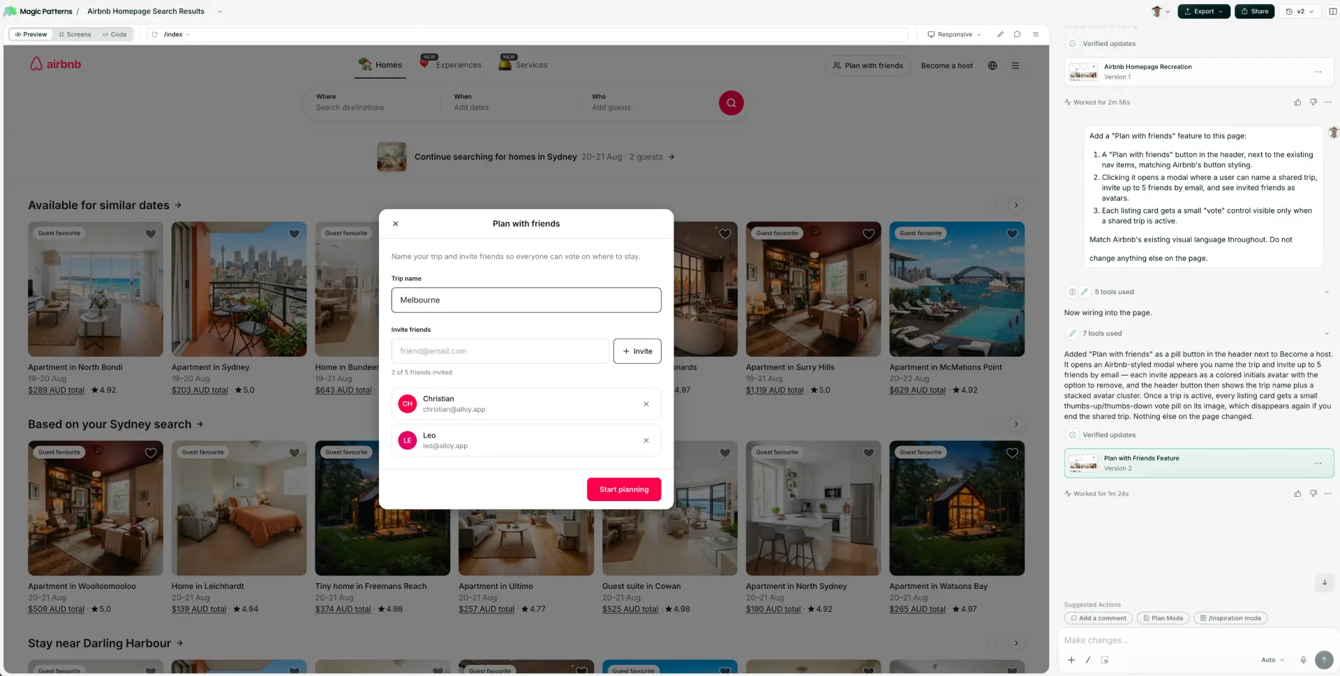 Magic Patterns AI prototyping tool result recreating Airbnb with generated listing images and a centered Plan with friends modal