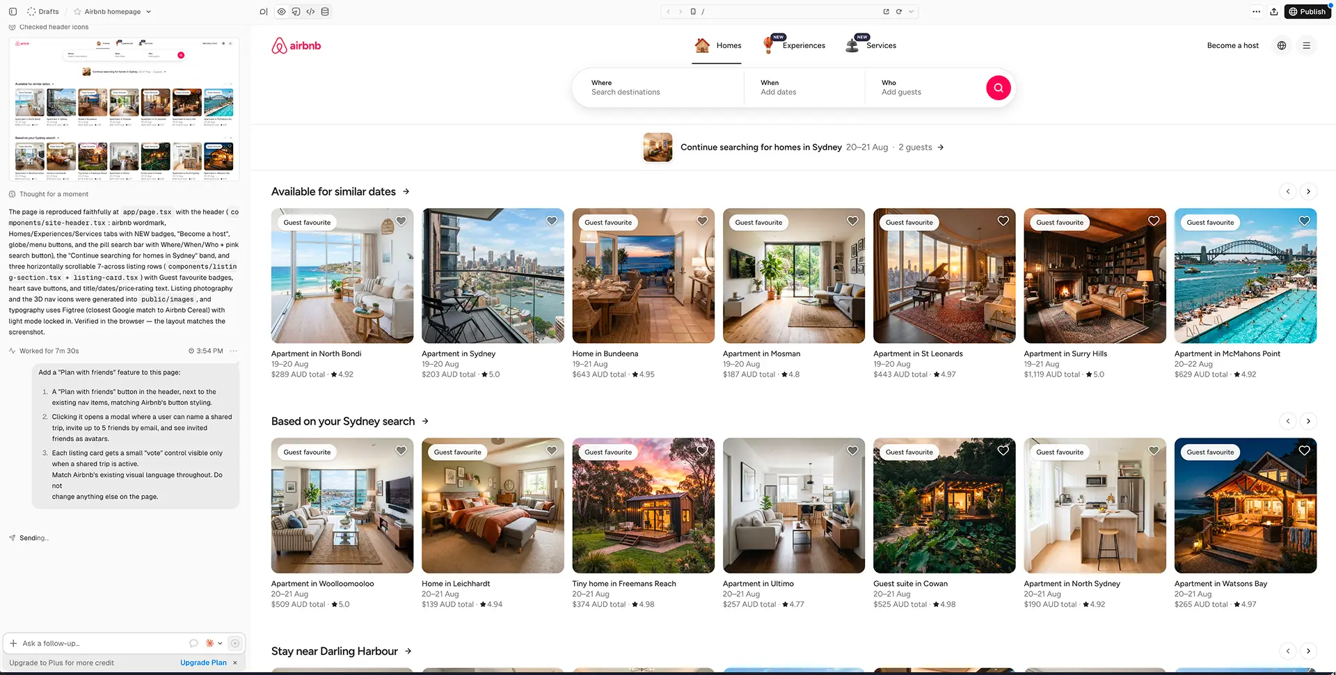 v0 AI prototyping tool result recreating Airbnb after 7 minutes 30 seconds while the Plan with friends iteration remains stuck on Sending